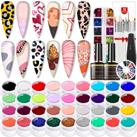 Gel Paint Nail Kit - 36 Colors Gel Nail Polish Set with Base/Top Coat